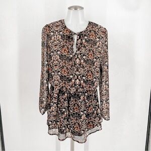 Veronica M.  Smocked Ruffle Dress Black Brown Floral Tie Neck Long Sleeve
